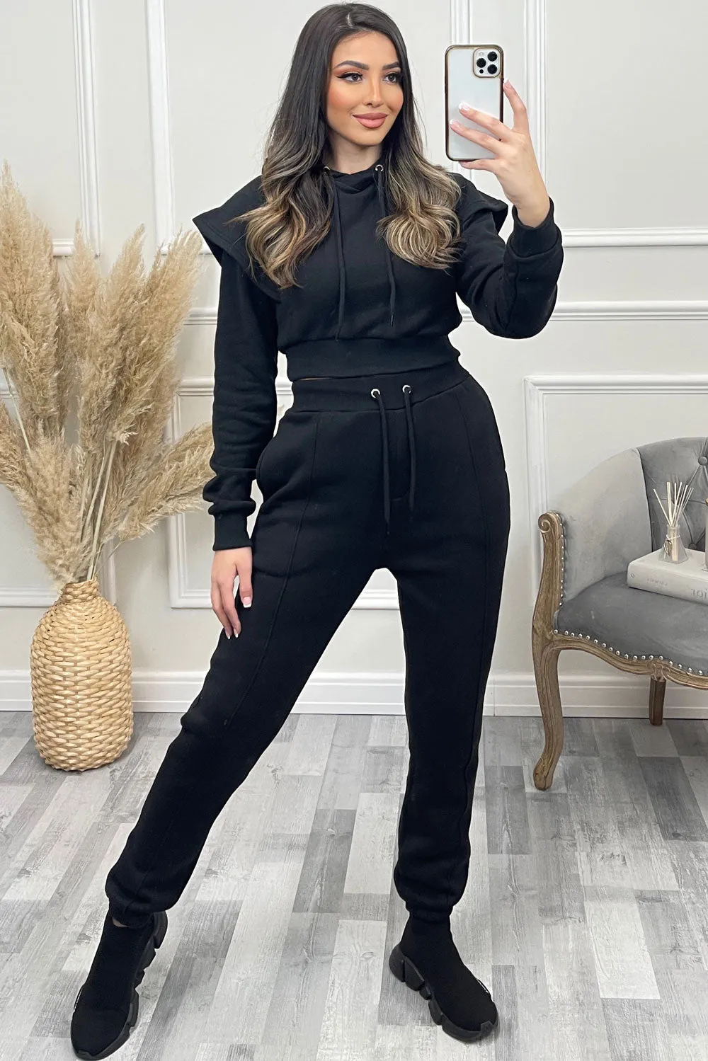 Alexa Black Flare Sleeve Cropped Hoodie and Joggers Tracksuit Set