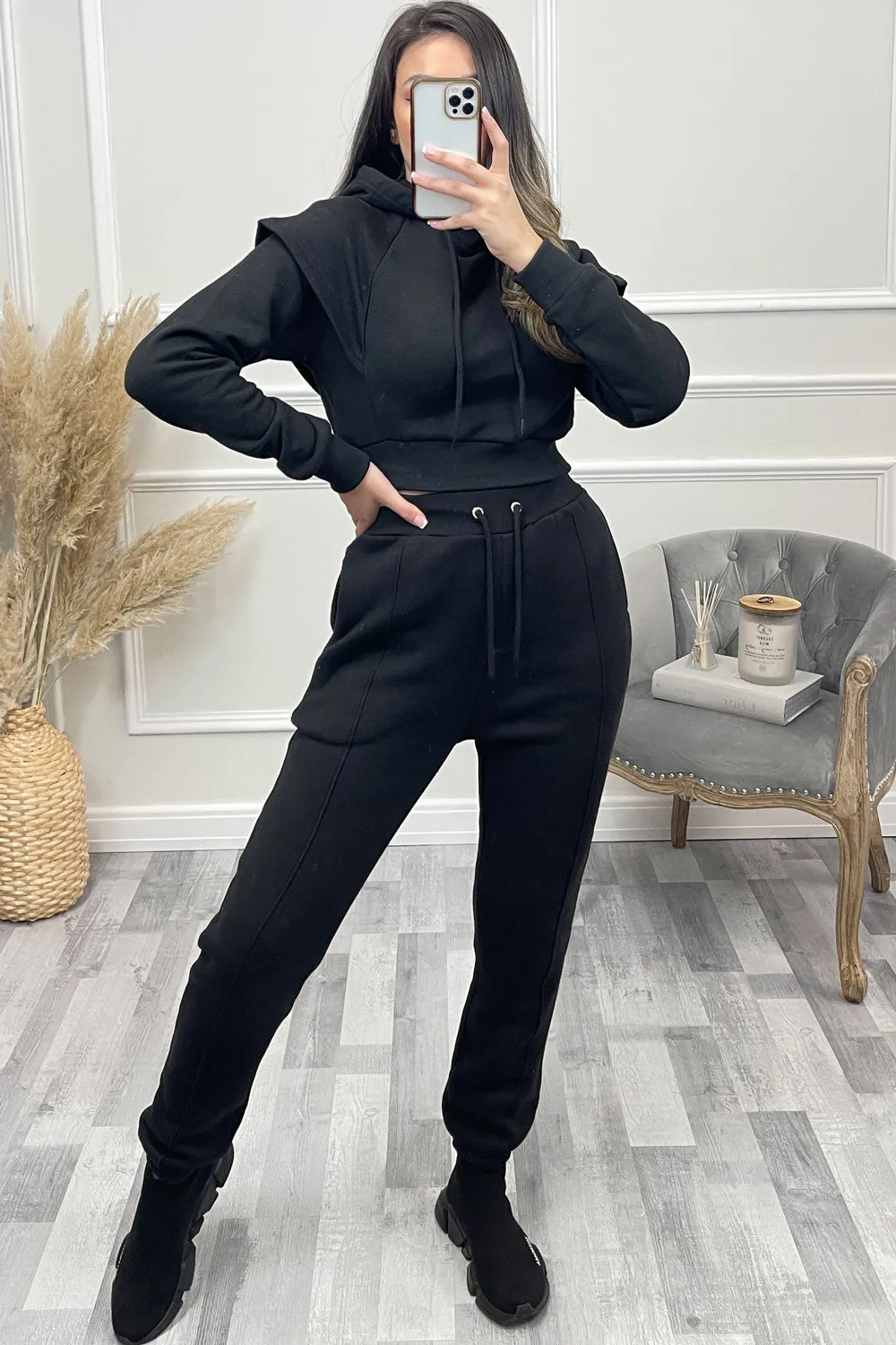 Alexa Black Flare Sleeve Cropped Hoodie and Joggers Tracksuit Set
