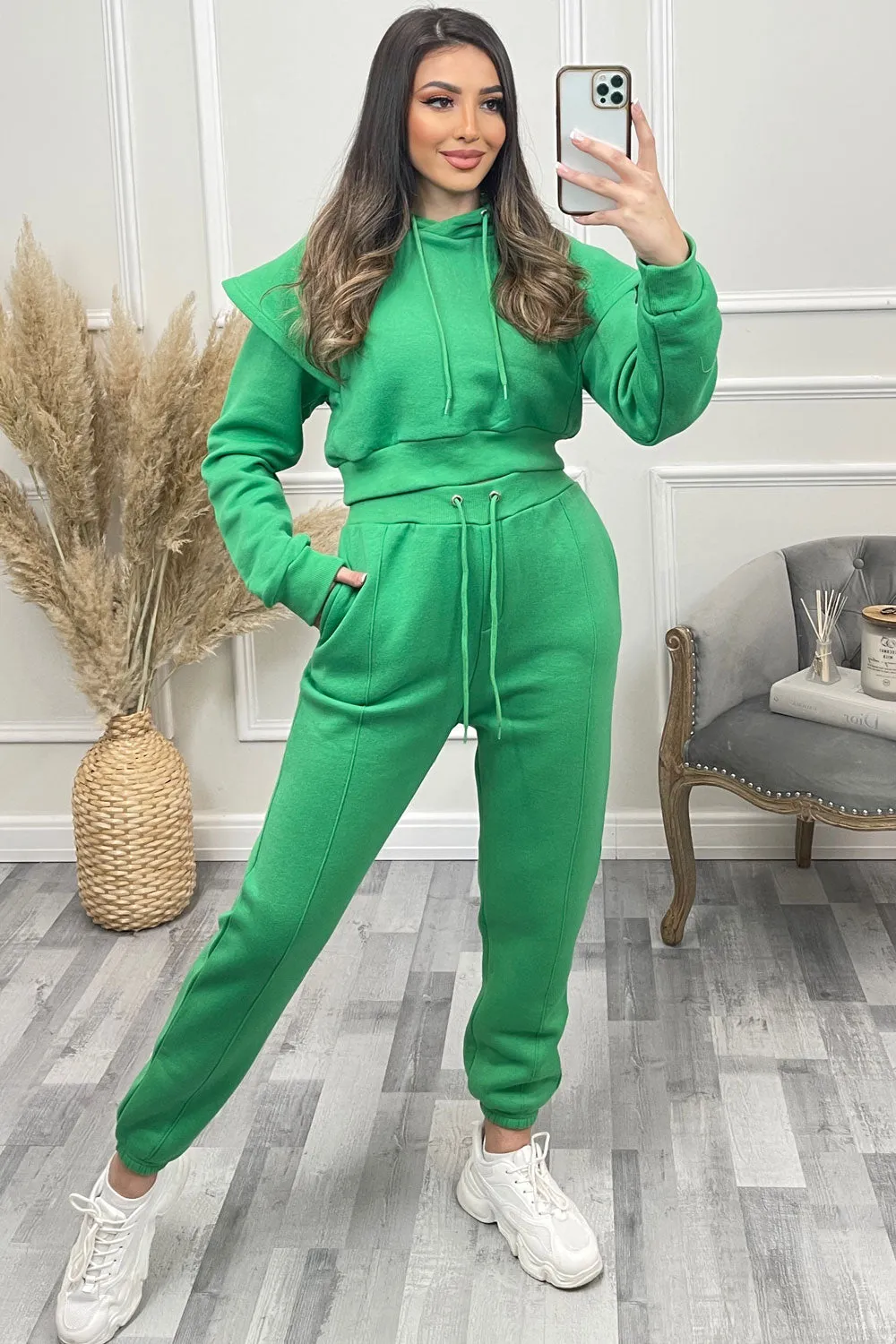 Alexa Green Flare Sleeve Cropped Hoodie and Joggers Tracksuit Set