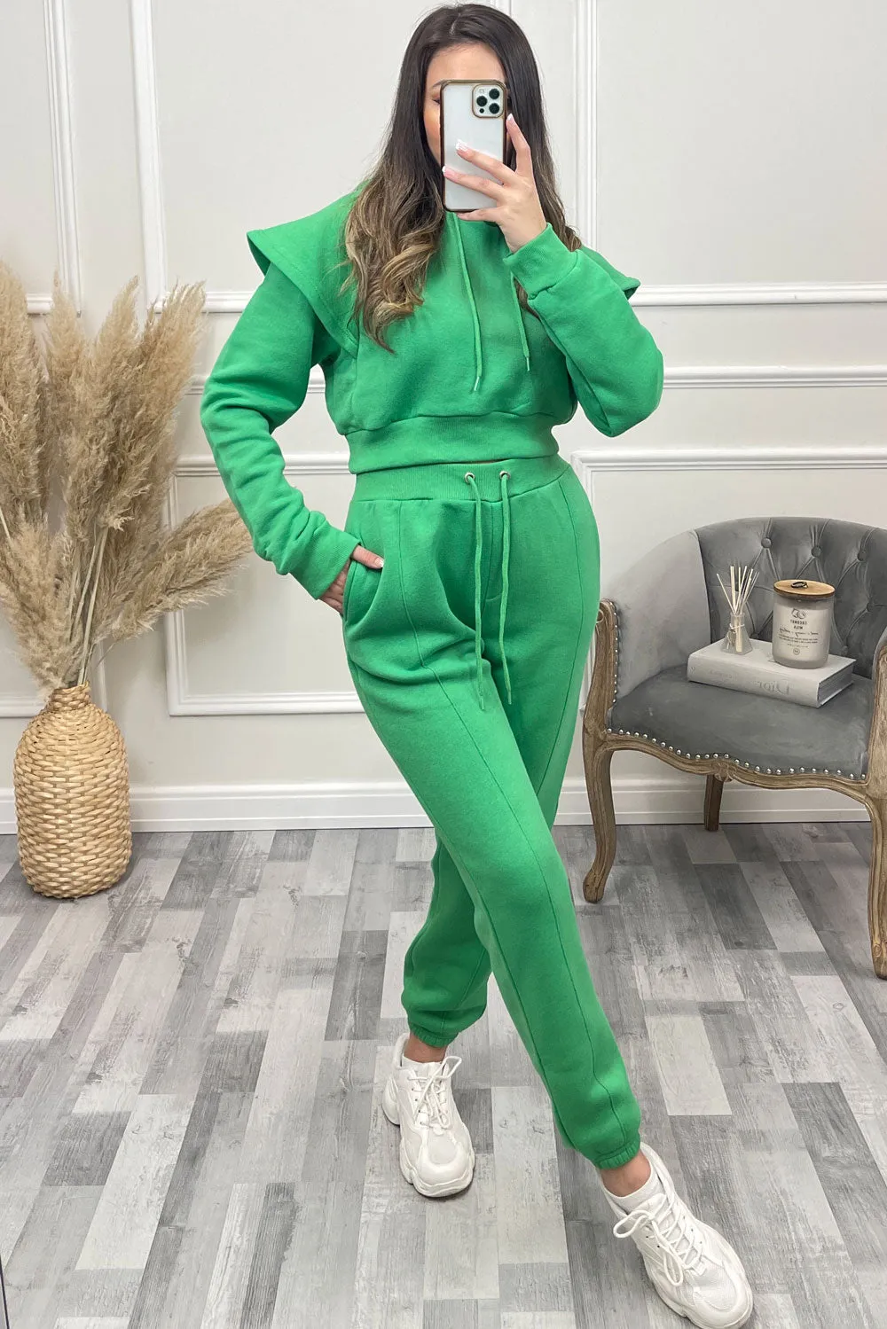 Alexa Green Flare Sleeve Cropped Hoodie and Joggers Tracksuit Set