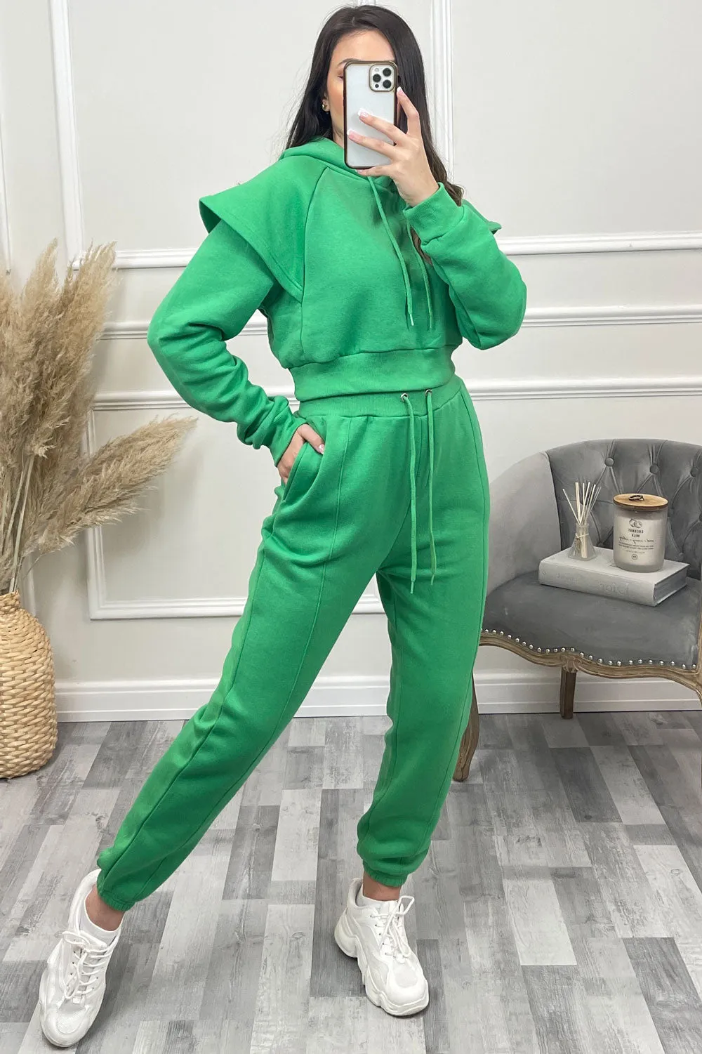 Alexa Green Flare Sleeve Cropped Hoodie and Joggers Tracksuit Set