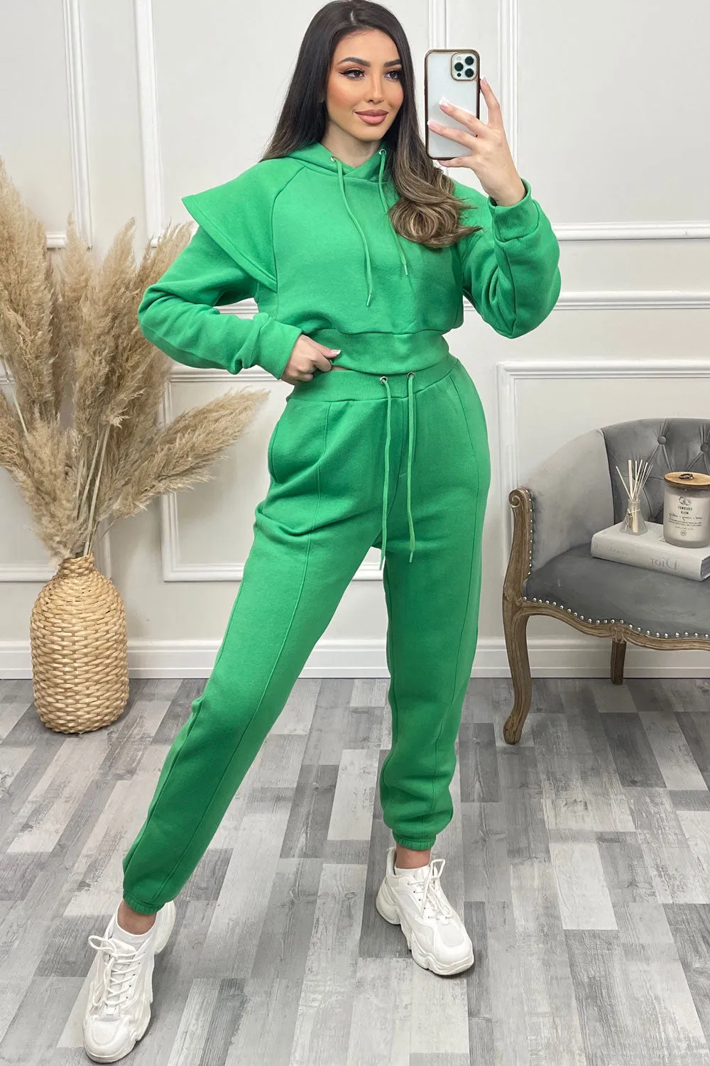 Alexa Green Flare Sleeve Cropped Hoodie and Joggers Tracksuit Set
