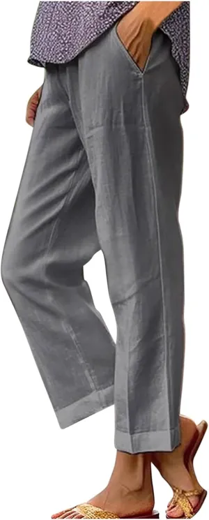 Cotton Linen Pants for Women Straight Leg Elastic Waist Pants Loose Fit Casual Trousers Plus Size Slack 2024 Fashion