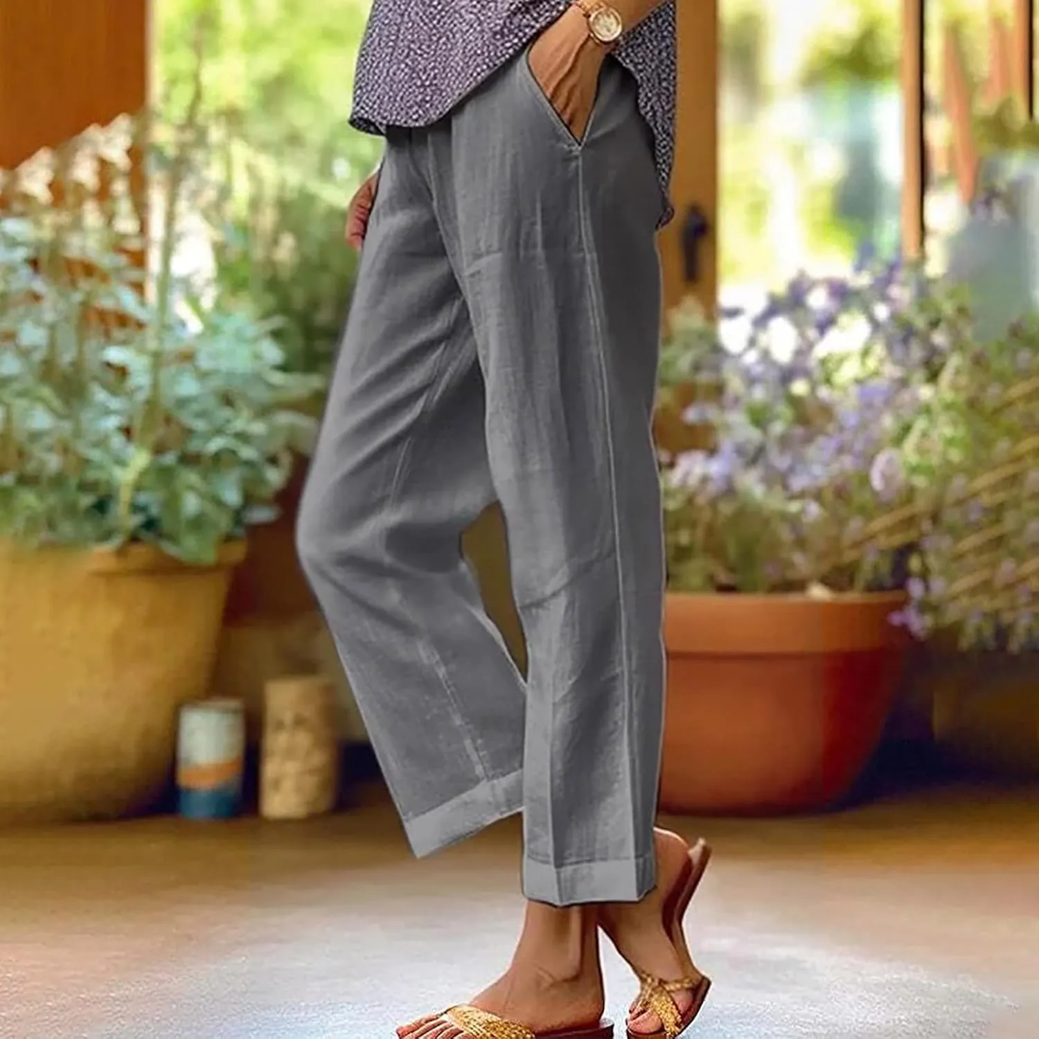 Cotton Linen Pants for Women Straight Leg Elastic Waist Pants Loose Fit Casual Trousers Plus Size Slack 2024 Fashion