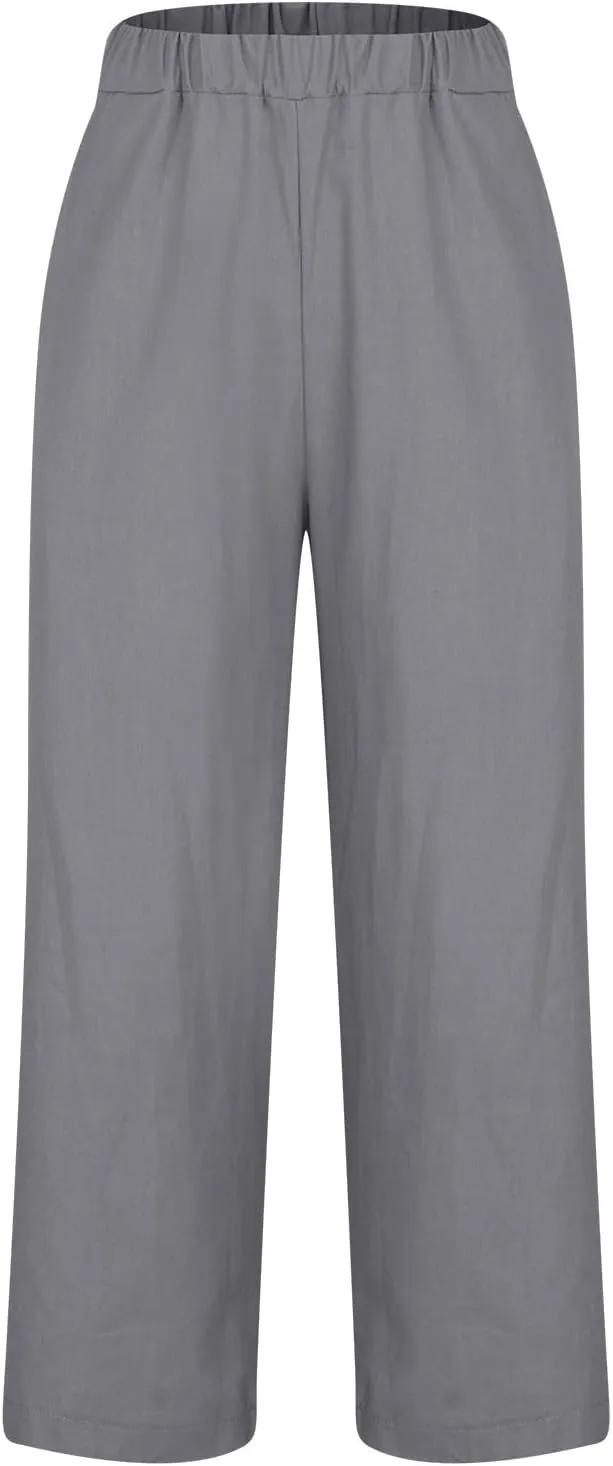 Cotton Linen Pants for Women Straight Leg Elastic Waist Pants Loose Fit Casual Trousers Plus Size Slack 2024 Fashion