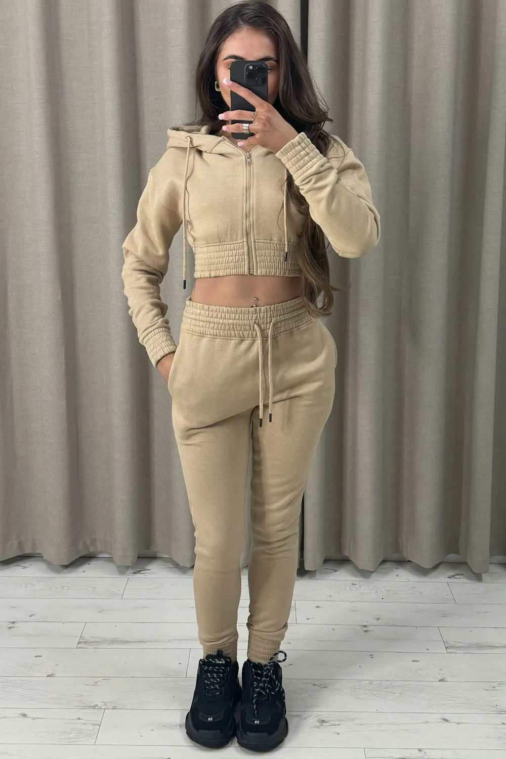 Elly Beige Zip Up Cropped Hoodie and Joggers Tracksuit Set