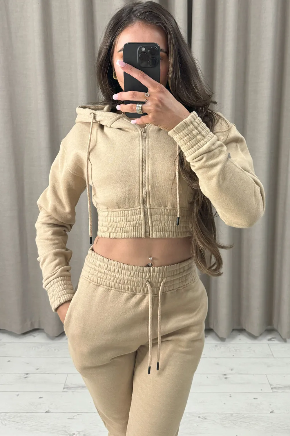Elly Beige Zip Up Cropped Hoodie and Joggers Tracksuit Set