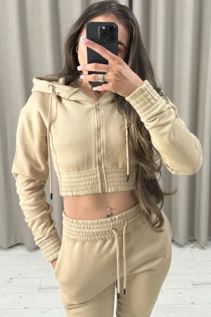 Elly Beige Zip Up Cropped Hoodie and Joggers Tracksuit Set