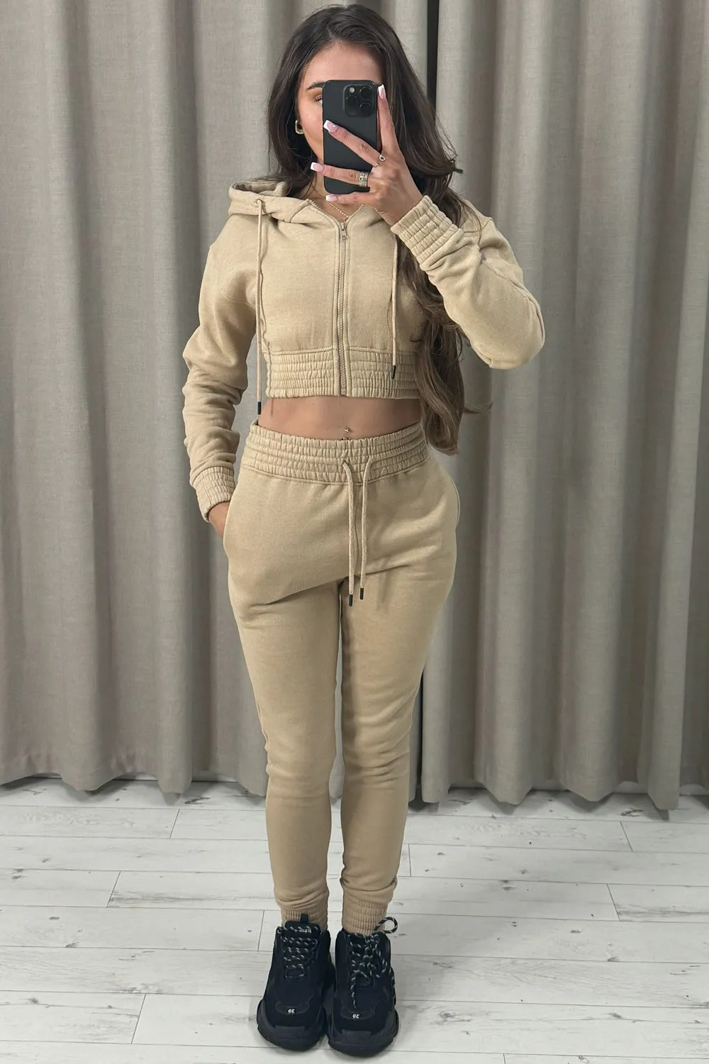 Elly Beige Zip Up Cropped Hoodie and Joggers Tracksuit Set