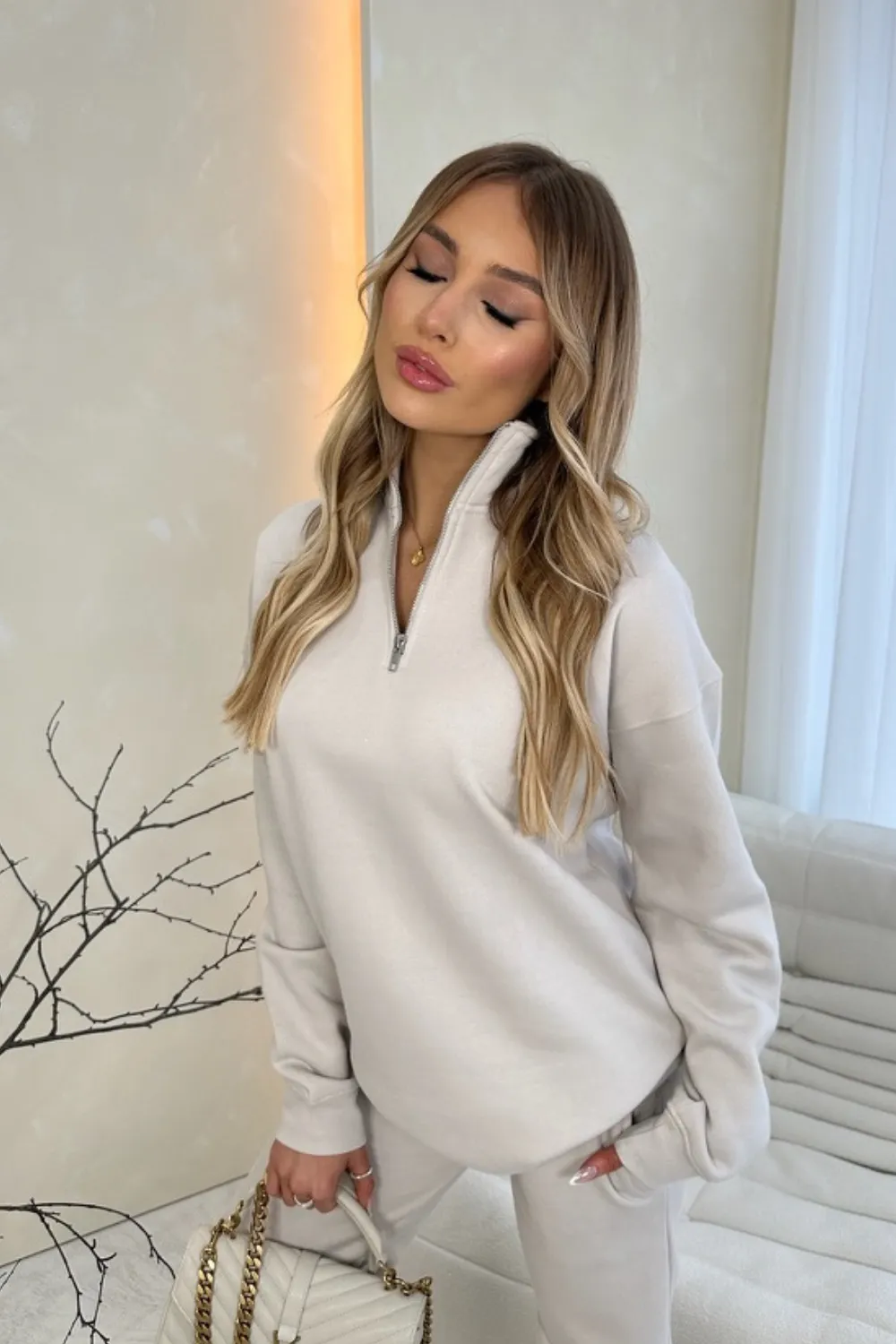 Glamify premium essential bone 3/4 zip sweatshirt