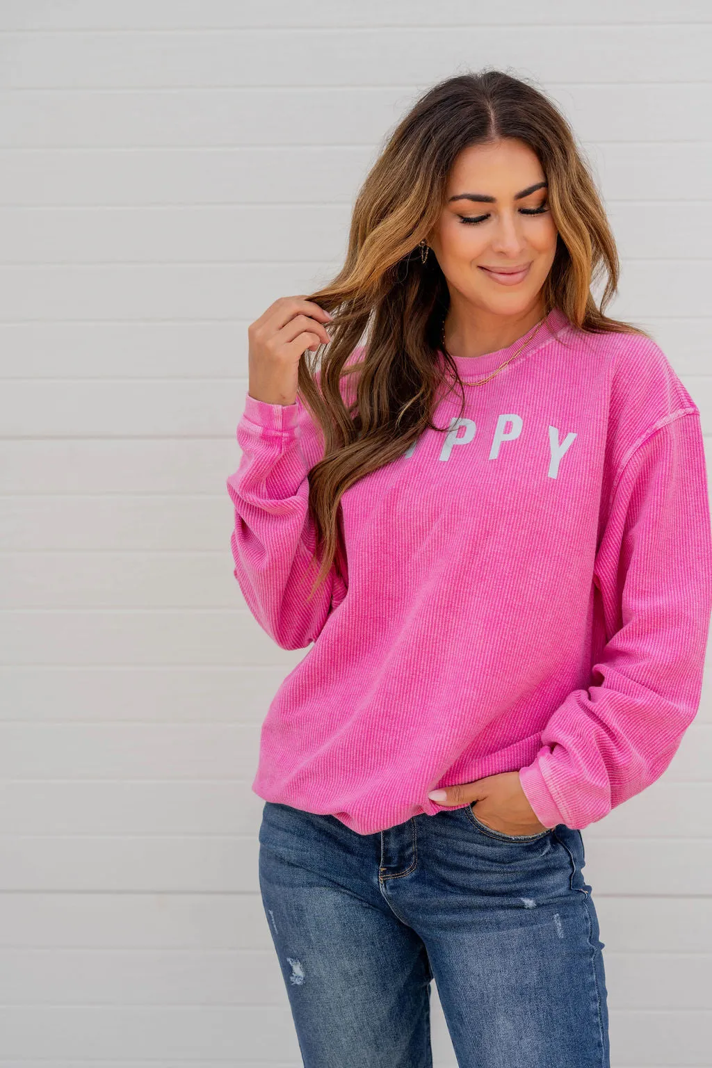 Happy Ribbed Graphic Crewneck