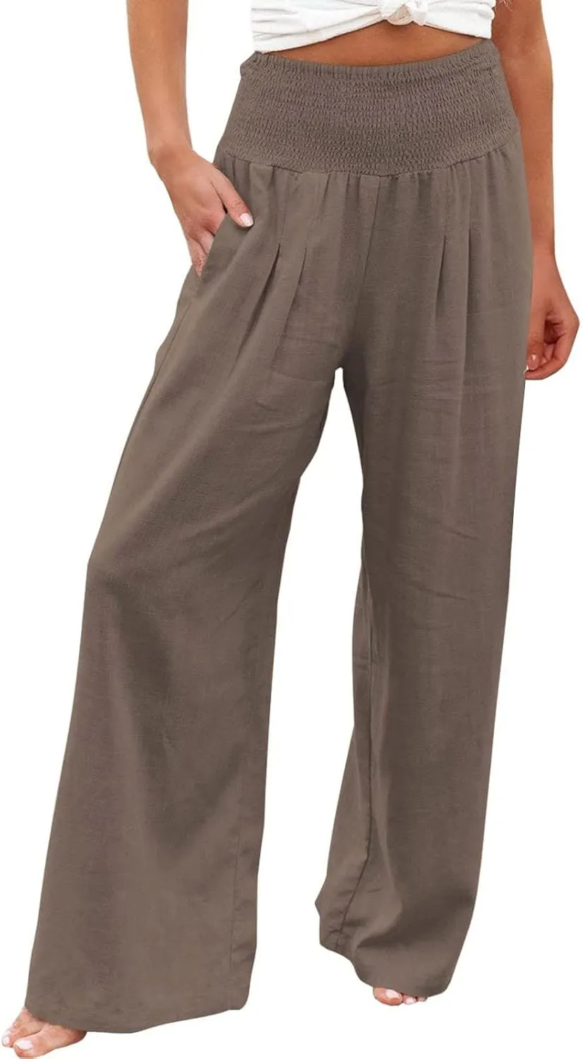 hlysgo Wide Leg Pants Women Smocked Waist Loose Fit Lounge Pants Fashion High Waisted Cotton Linen Straight Trouser Pants