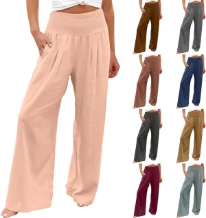 hlysgo Wide Leg Pants Women Smocked Waist Loose Fit Lounge Pants Fashion High Waisted Cotton Linen Straight Trouser Pants
