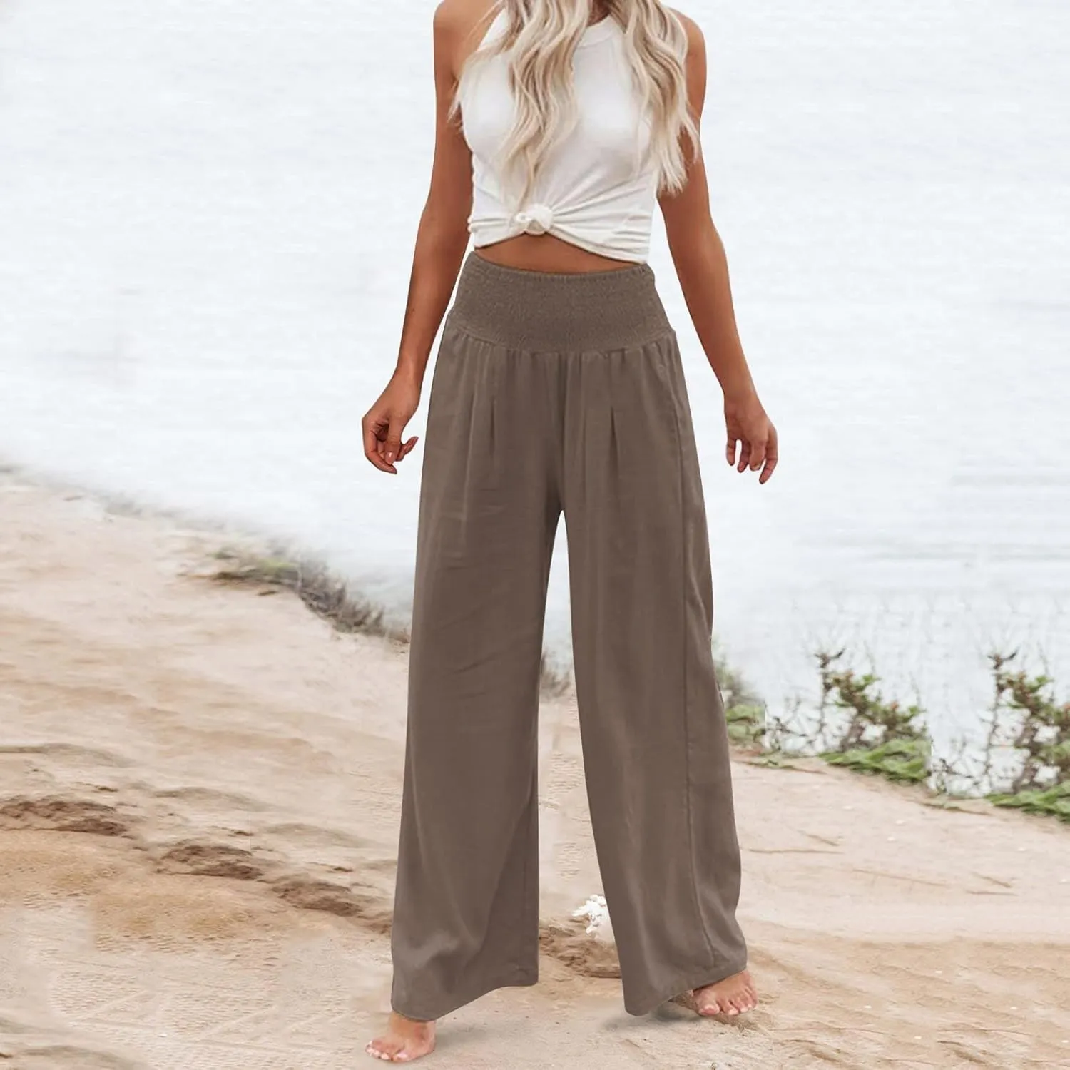 hlysgo Wide Leg Pants Women Smocked Waist Loose Fit Lounge Pants Fashion High Waisted Cotton Linen Straight Trouser Pants