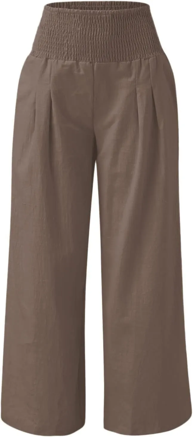 hlysgo Wide Leg Pants Women Smocked Waist Loose Fit Lounge Pants Fashion High Waisted Cotton Linen Straight Trouser Pants