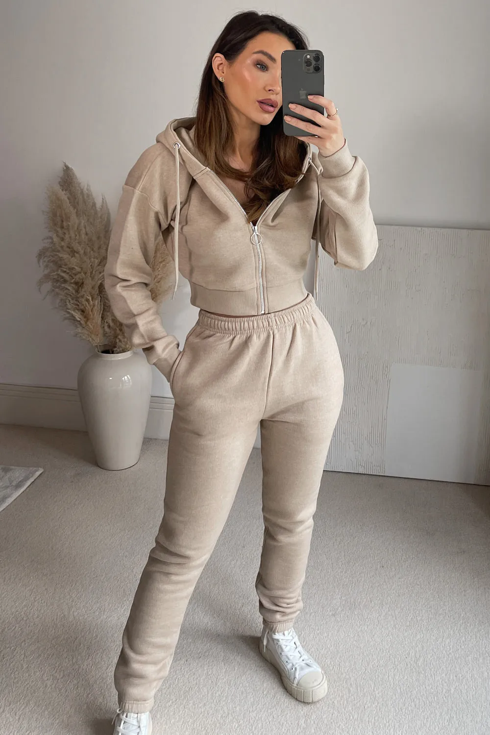 Kayti Beige Zip Hoodie and Joggers Loungewear Set