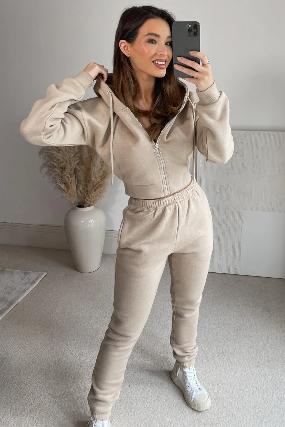 Kayti Beige Zip Hoodie and Joggers Loungewear Set