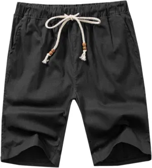 Men's Linen Casual Pants Classic Fit Short Drawstring Loose Yoga Summer Beach Trousers with Pockets