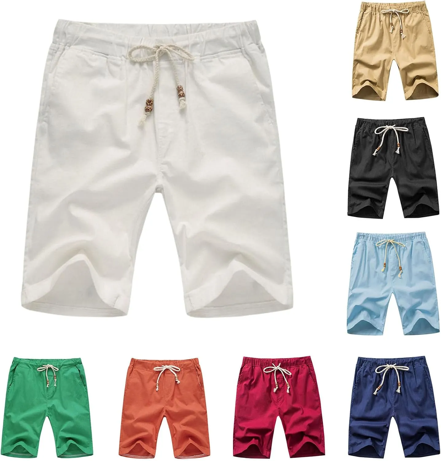 Men's Linen Casual Pants Classic Fit Short Drawstring Loose Yoga Summer Beach Trousers with Pockets