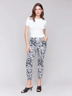 PRINTED CRINKLE BENGALINE JOGGER PANT-BLACK/CREAM