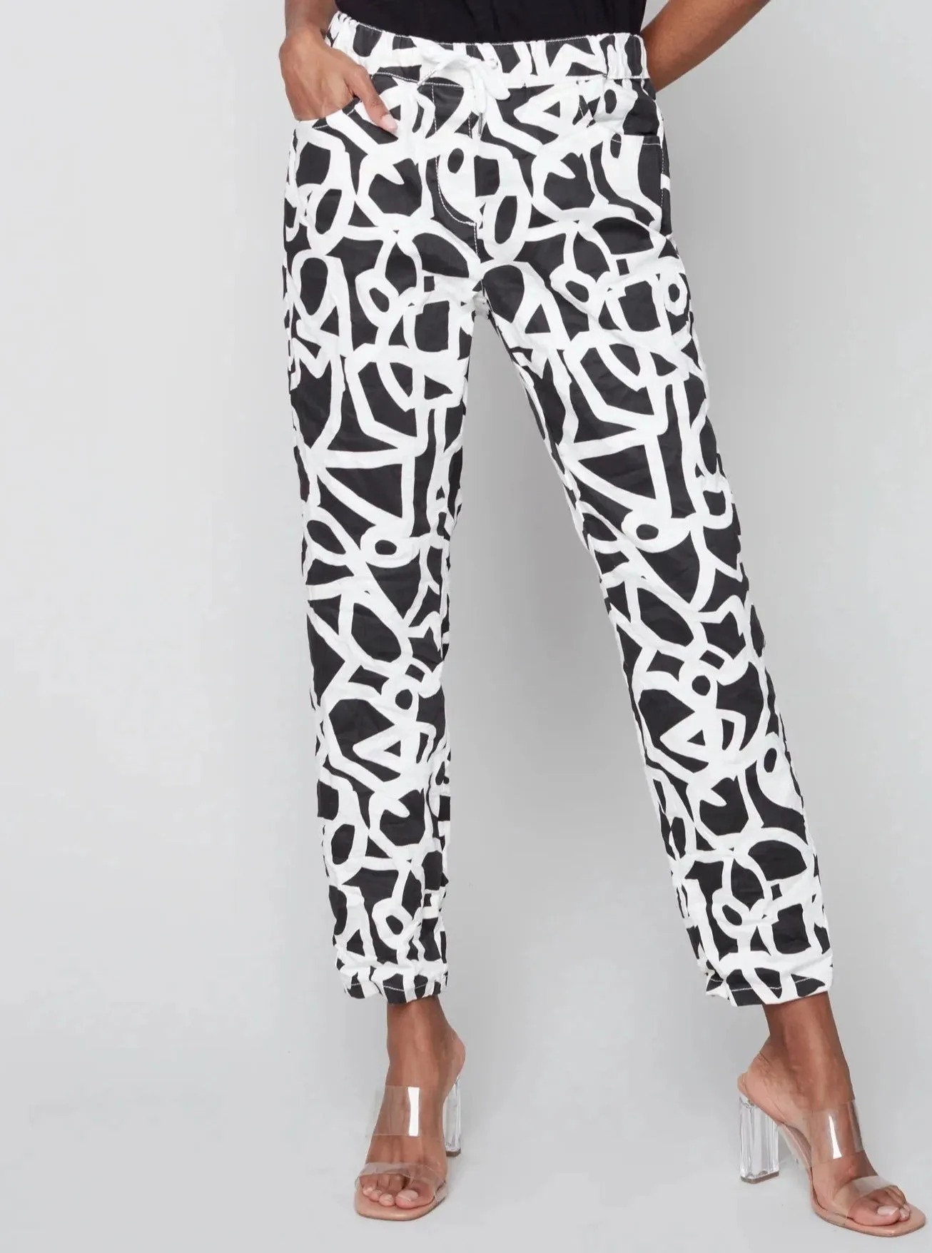 Printed Pull On Crinkle Jogger [Black/Cream-C5219Y]