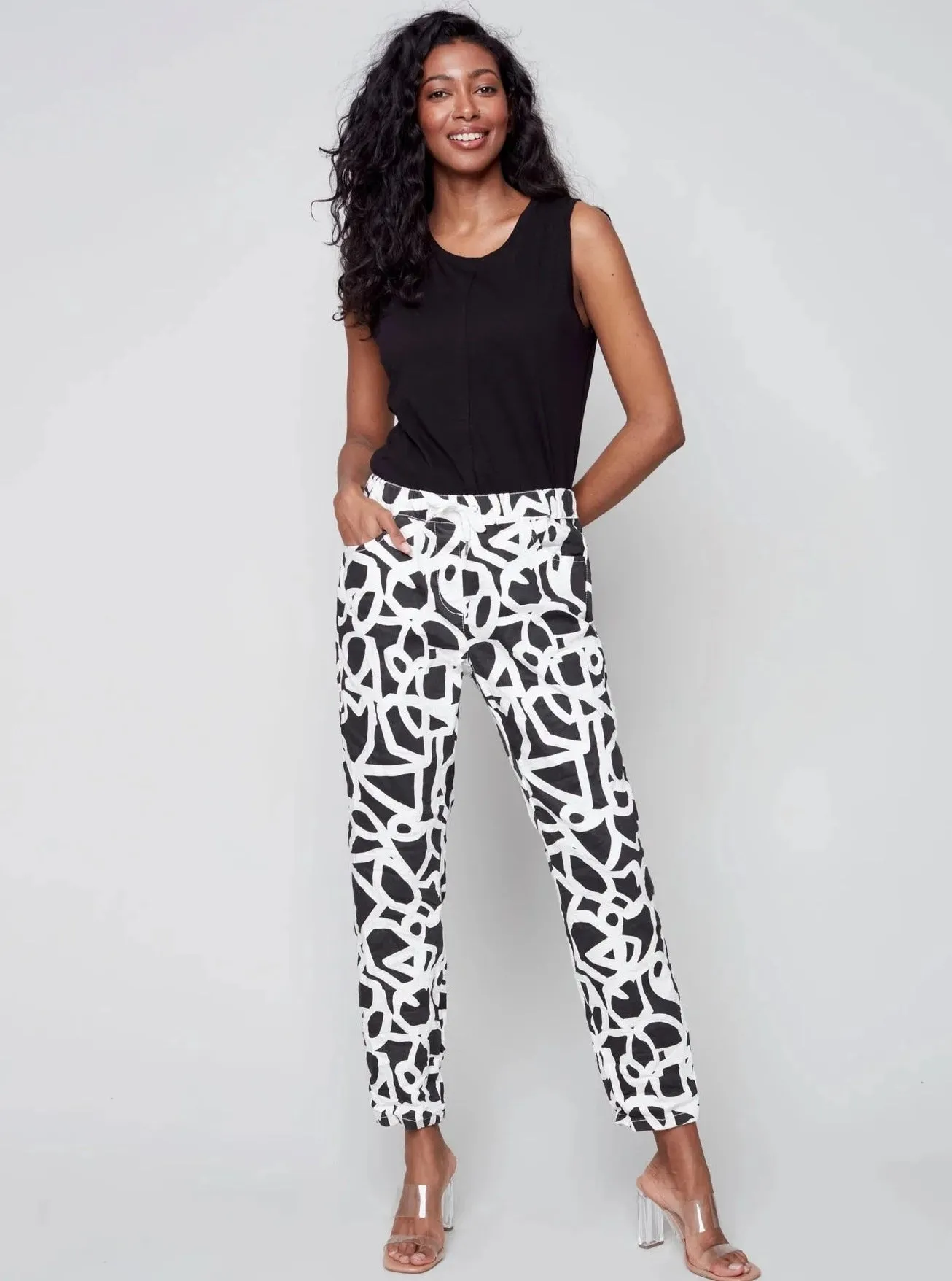 Printed Pull On Crinkle Jogger [Black/Cream-C5219Y]