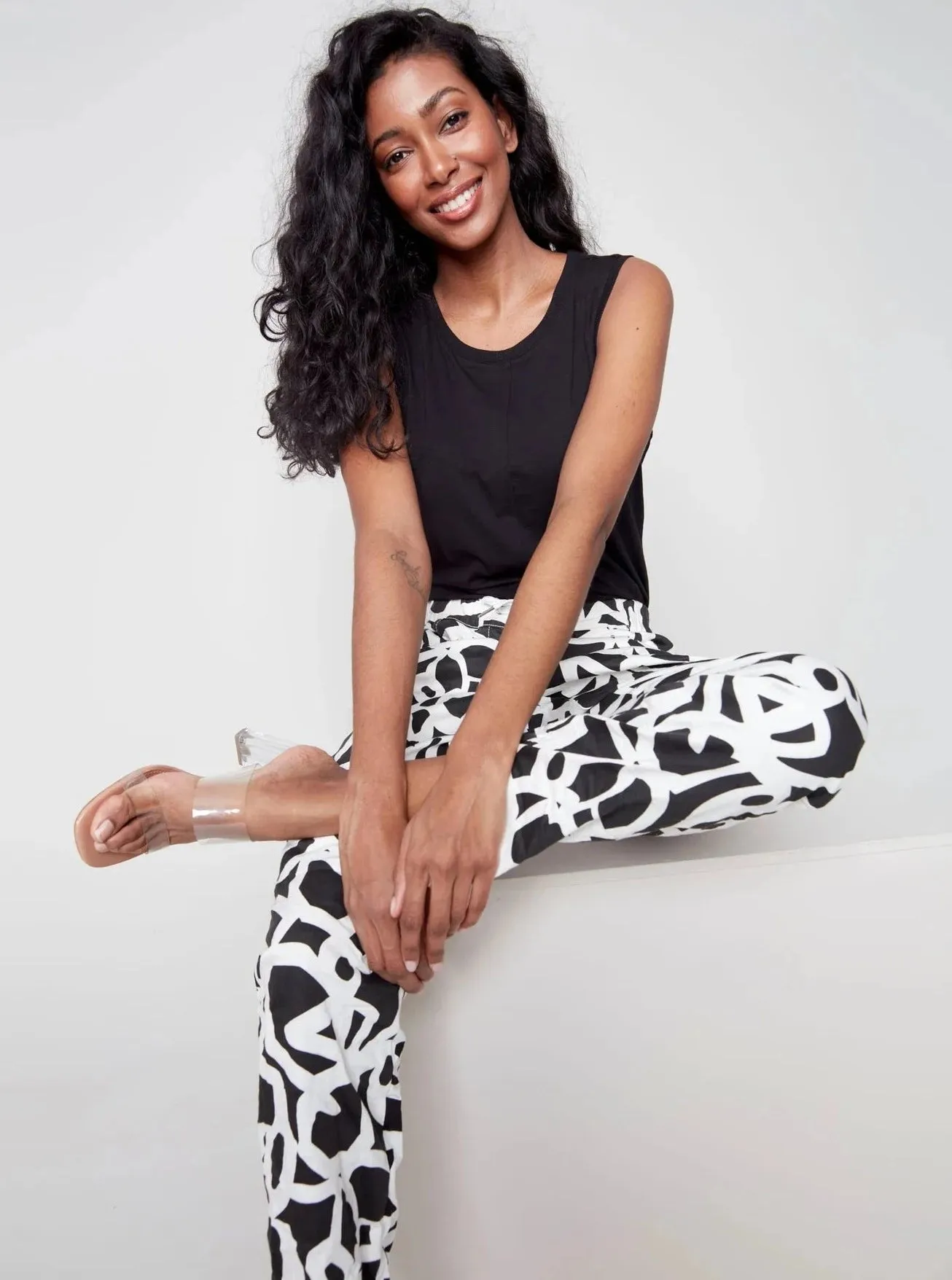 Printed Pull On Crinkle Jogger [Black/Cream-C5219Y]