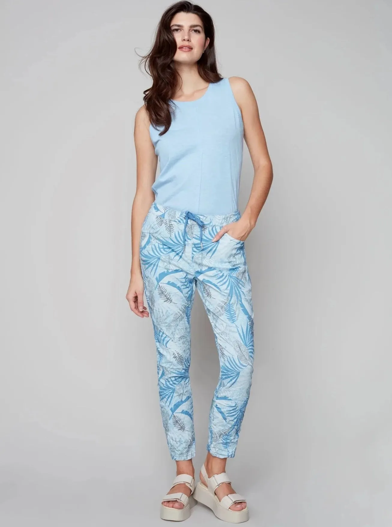 Printed Pull On Crinkle Jogger [Blue Leaf-C5219Y]