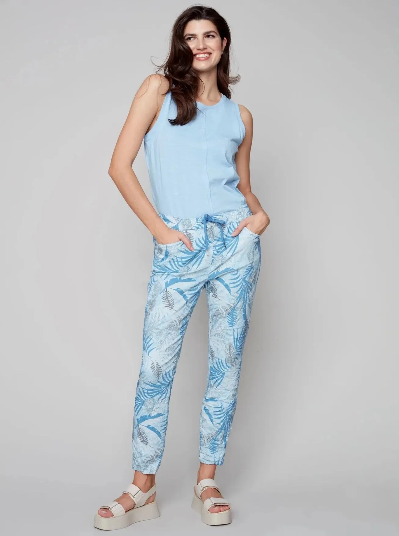 Printed Pull On Crinkle Jogger [Blue Leaf-C5219Y]