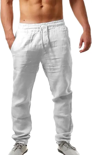 QWENTMTNTY Men's Elastic Waist Linen Pants Casual Relaxed Fit Loose Lightweight Pants Comfort Yoga Beach Drawstring Trousers