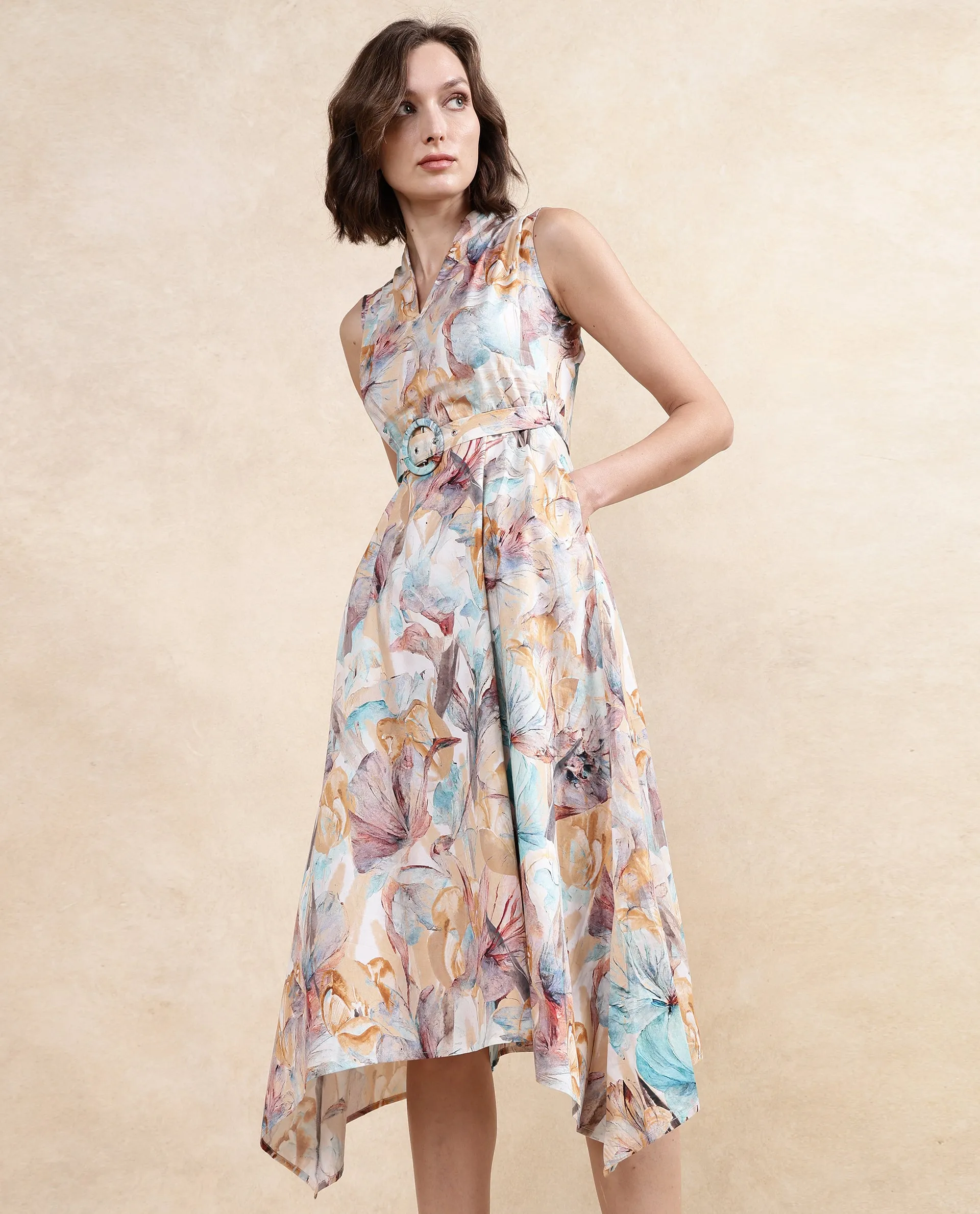 Rareism Women Armon Light Multi Satin Sleeveless V-Neck Button Closure Flared Midi Floral Print Dress