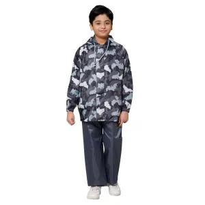 THE CLOWNFISH Comrad Series Kids Waterproof Nylon Double Coating Reversible Raincoat with Hood and Reflector Logo at Back. Set of Top and Bottom. Printed Plastic Pouch. Kid Age-5-7 years(Grey Camo)