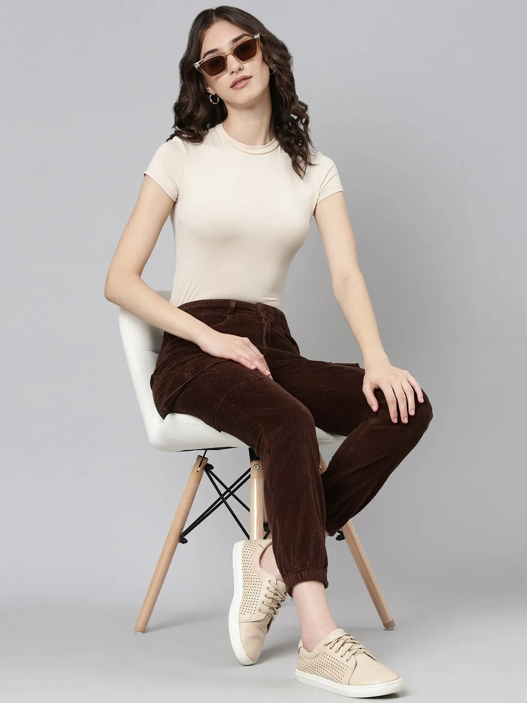 Women Brown Slim Fit High-Rise Joggers