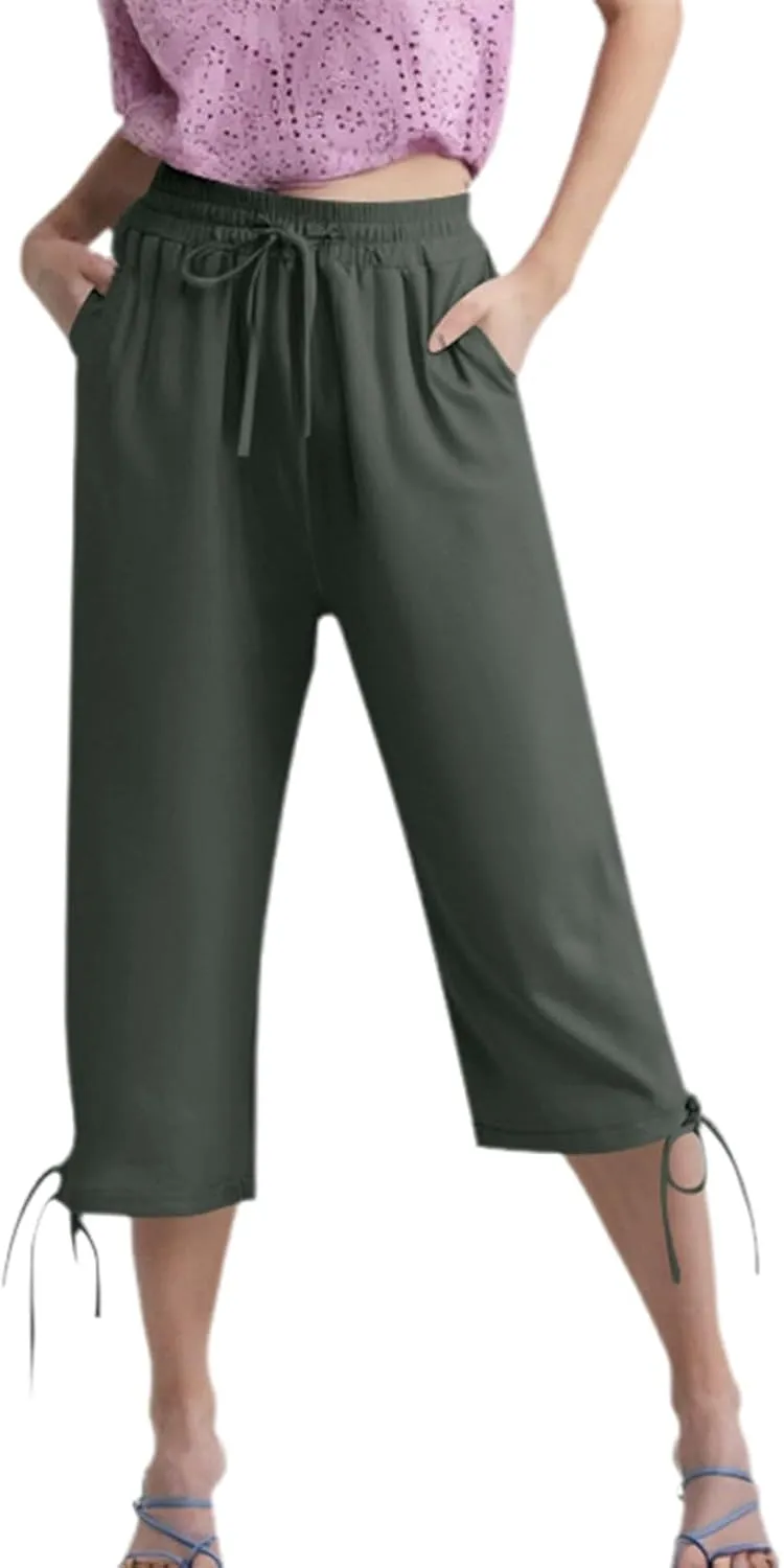 Women's Casual Pants,Plus Size Women's Elastic Cuff Capris Cotton Linen Blend Relaxed Fit Cropped Pants