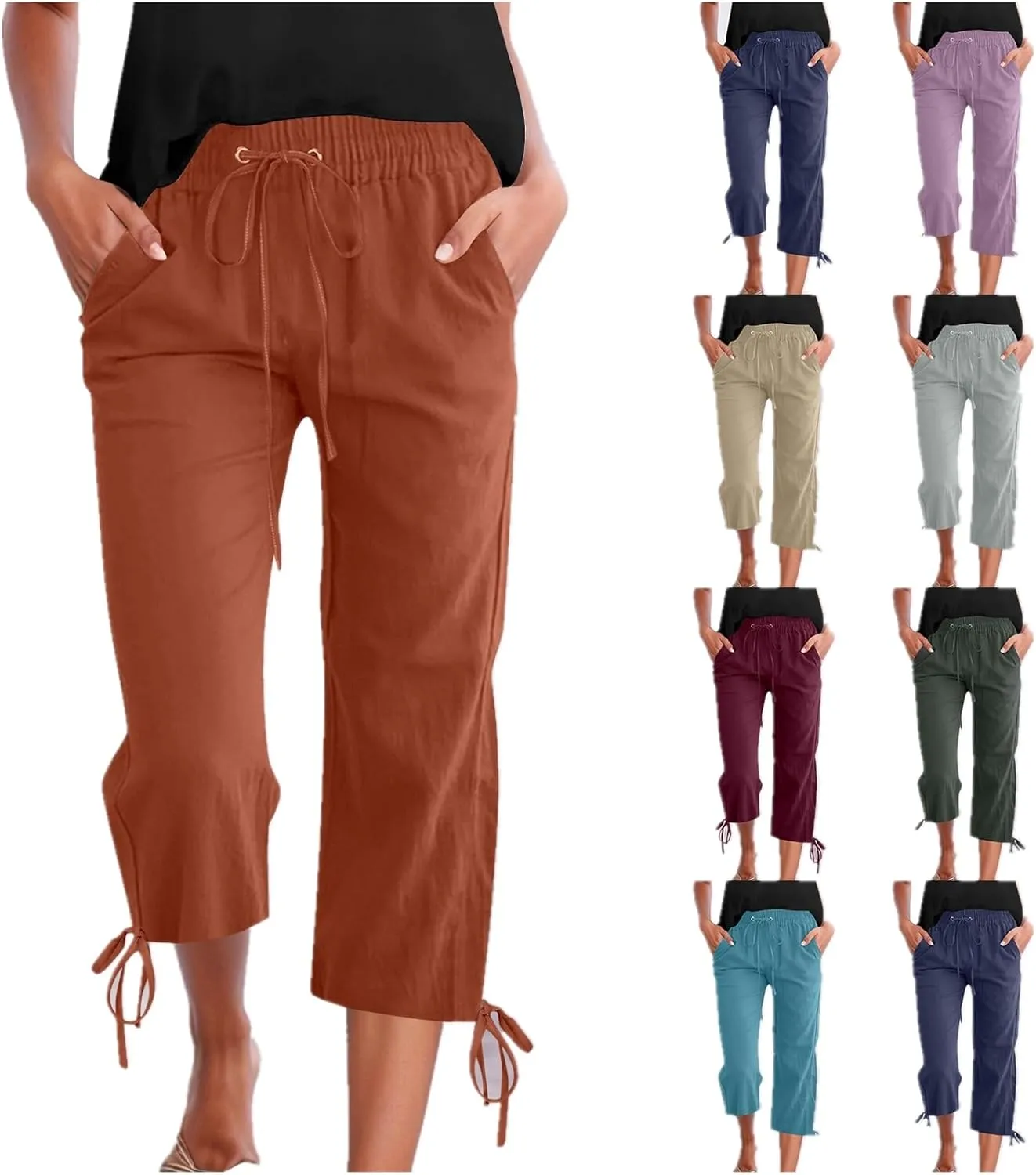 Women's Casual Pants,Plus Size Women's Elastic Cuff Capris Cotton Linen Blend Relaxed Fit Cropped Pants