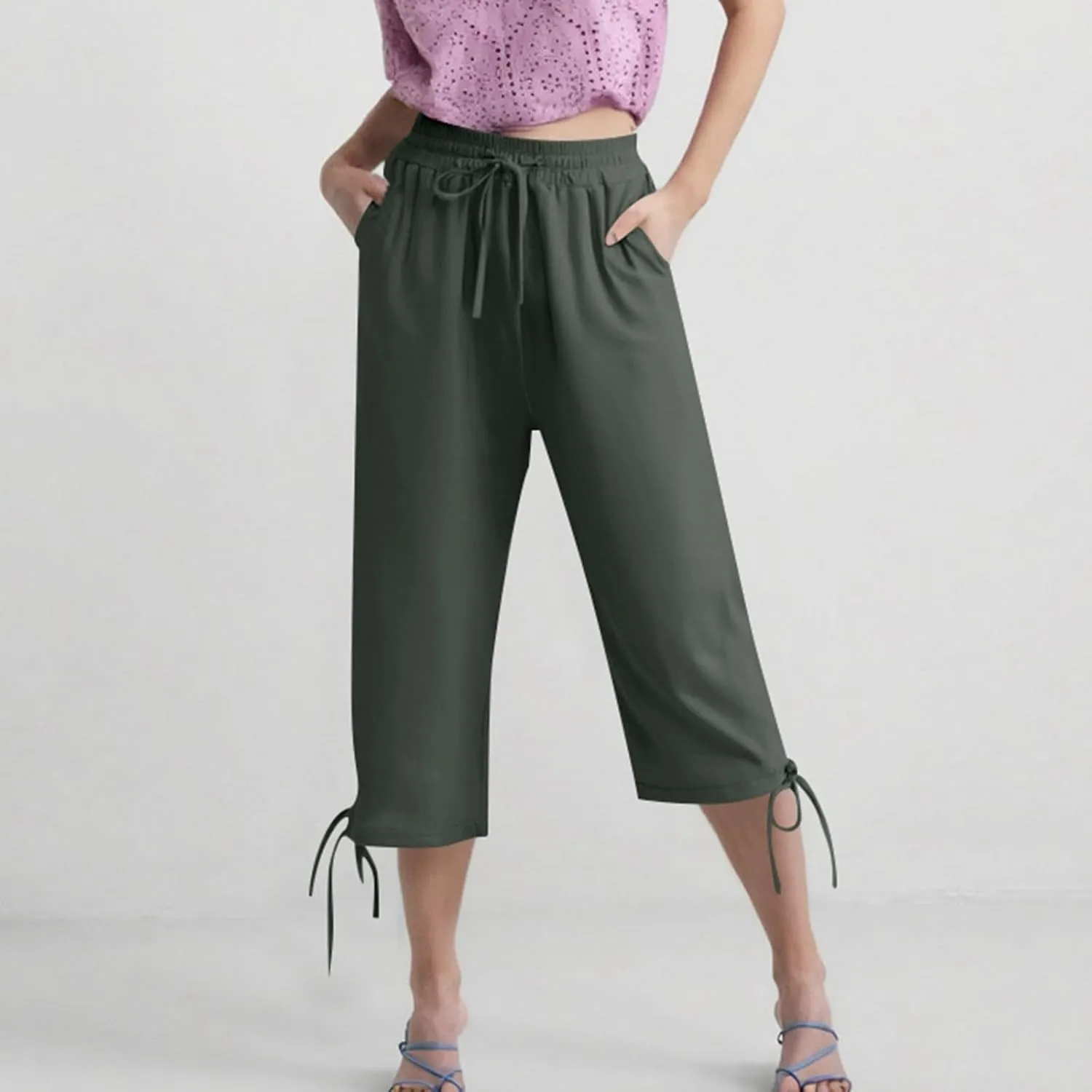 Women's Casual Pants,Plus Size Women's Elastic Cuff Capris Cotton Linen Blend Relaxed Fit Cropped Pants