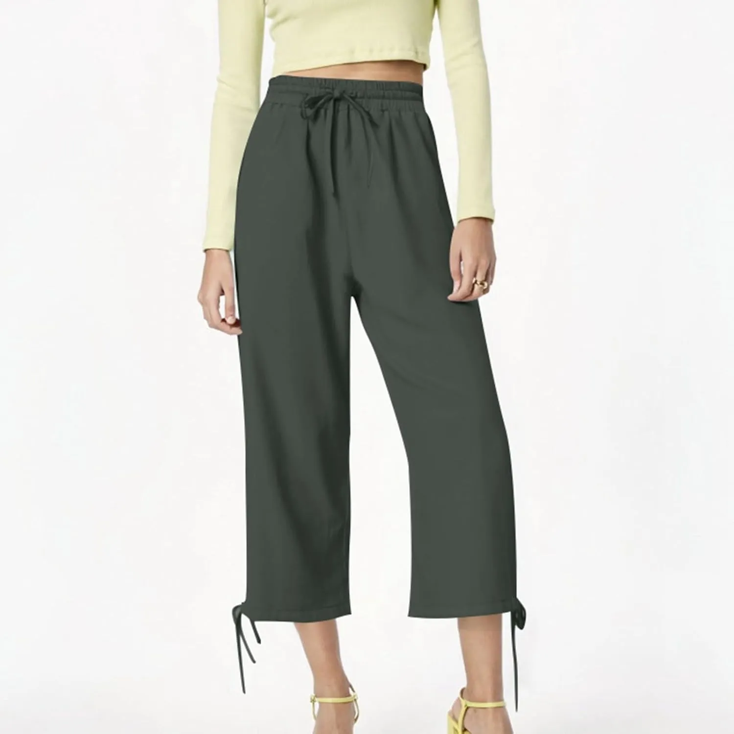 Women's Casual Pants,Plus Size Women's Elastic Cuff Capris Cotton Linen Blend Relaxed Fit Cropped Pants