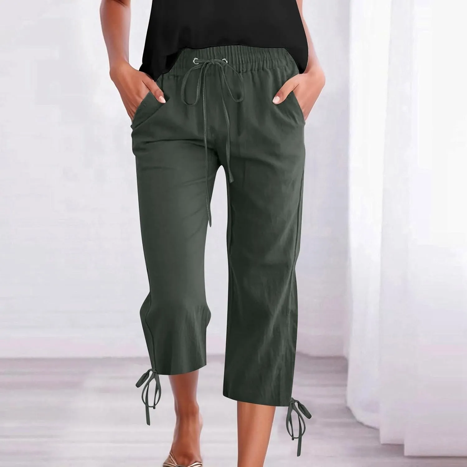 Women's Casual Pants,Plus Size Women's Elastic Cuff Capris Cotton Linen Blend Relaxed Fit Cropped Pants