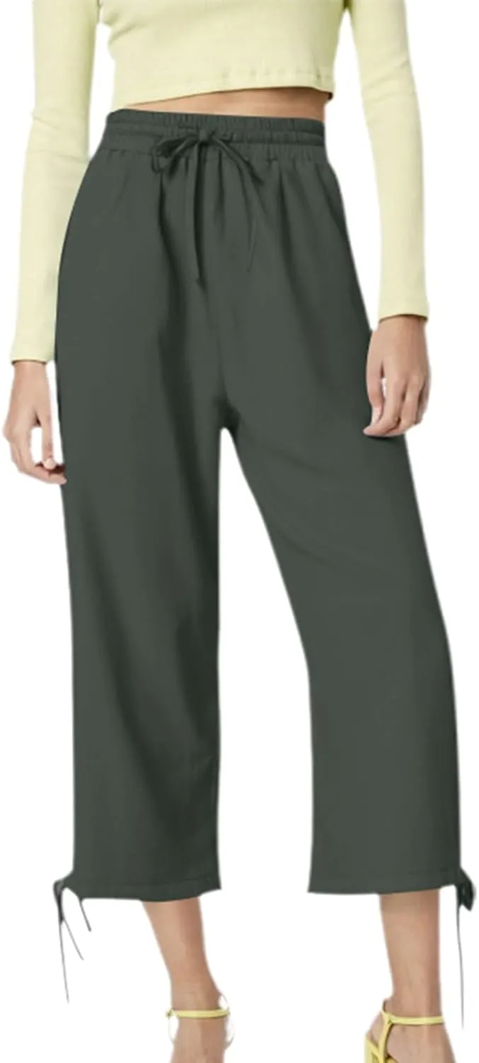 Women's Casual Pants,Plus Size Women's Elastic Cuff Capris Cotton Linen Blend Relaxed Fit Cropped Pants