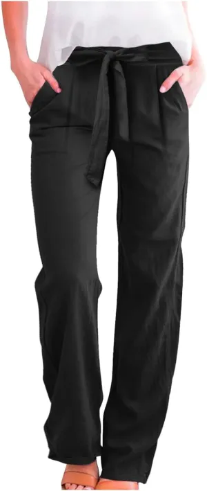 Womens Linen Blend Summer Y2K Streetwear Palazzo Pants Elastic Waist Bootcut Slim-Fit Trousers Beach