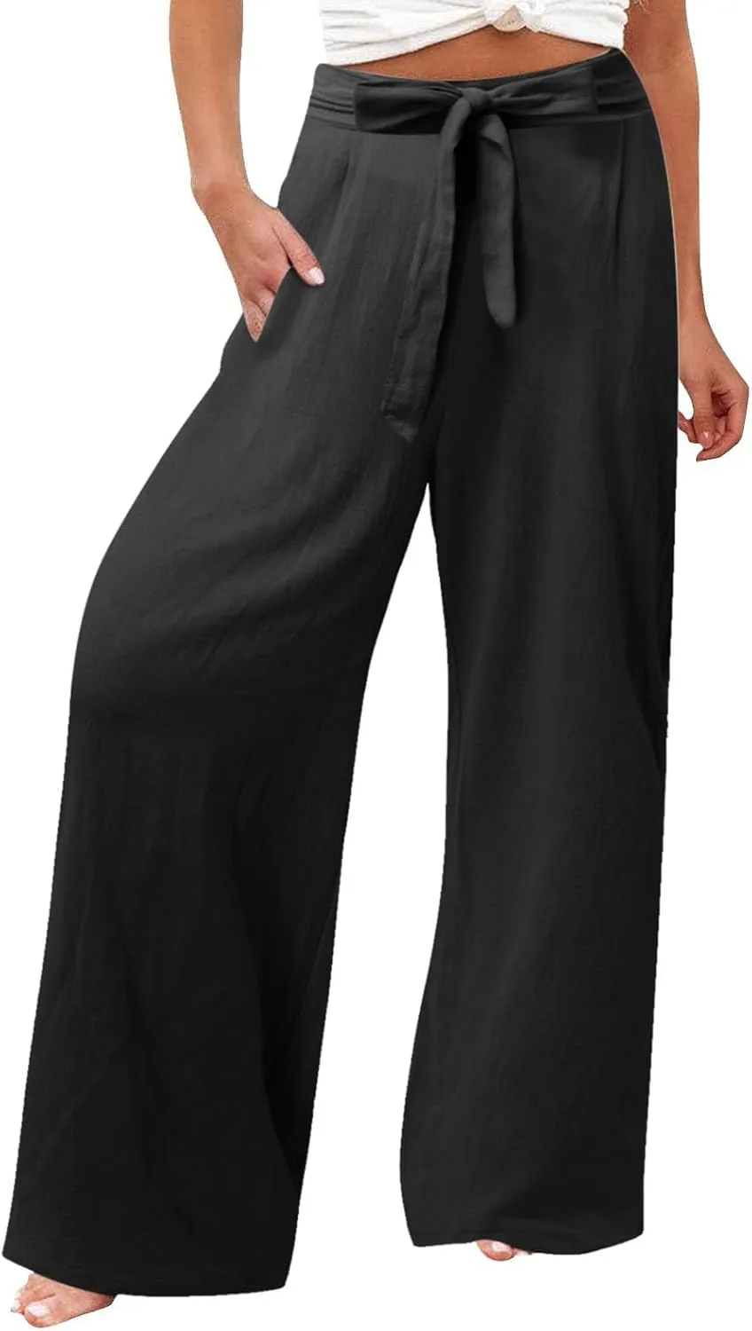 Womens Linen Blend Summer Y2K Streetwear Palazzo Pants Elastic Waist Bootcut Slim-Fit Trousers Beach