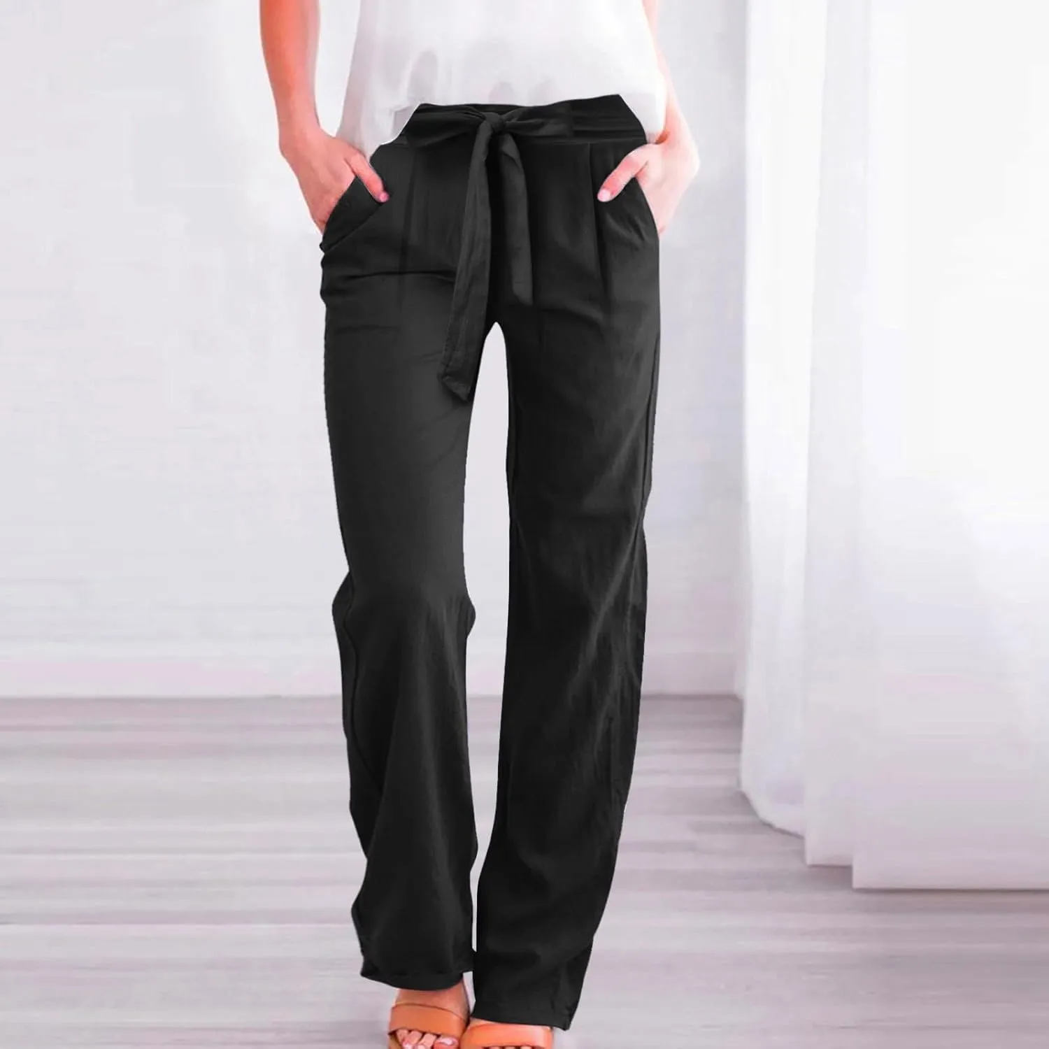 Womens Linen Blend Summer Y2K Streetwear Palazzo Pants Elastic Waist Bootcut Slim-Fit Trousers Beach