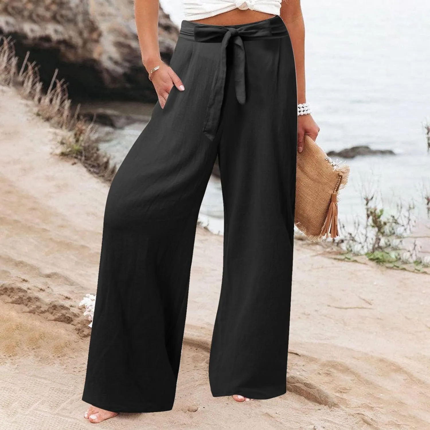 Womens Linen Blend Summer Y2K Streetwear Palazzo Pants Elastic Waist Bootcut Slim-Fit Trousers Beach