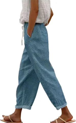 Women's Linen Capris with Pockets Striped High Waisted Relaxed Fit Floral Printed Boho Beach Vacation Trousers