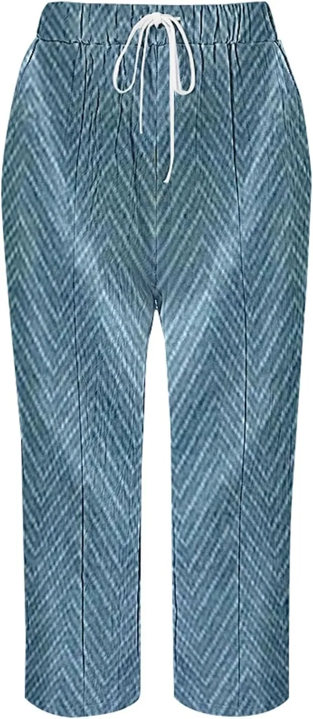 Women's Linen Capris with Pockets Striped High Waisted Relaxed Fit Floral Printed Boho Beach Vacation Trousers